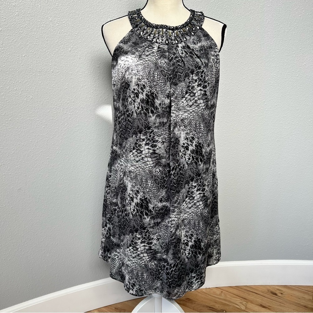 White House Black Market Beaded Halter Snakeskin Shift Dress Gray Size 6